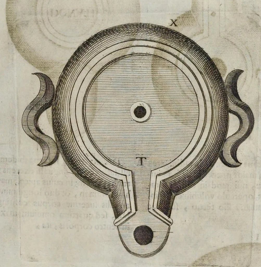 An illustration from De lucernis antiquorum reconditis libb. sex : in quibus earum recens inuentarum adhuc ardentium obseruationes multae primum afferuntur ... : explicatis diligenter abditissimis quaestionibus de ignium causis, origine, varietate, duratione, motu, & extinctu, de antiperistasi, fumo, cinere, lentore, mistis incombustibilibus, brutorum funeribus, & alijs naturae arcanis ..., 1652, leaf 122