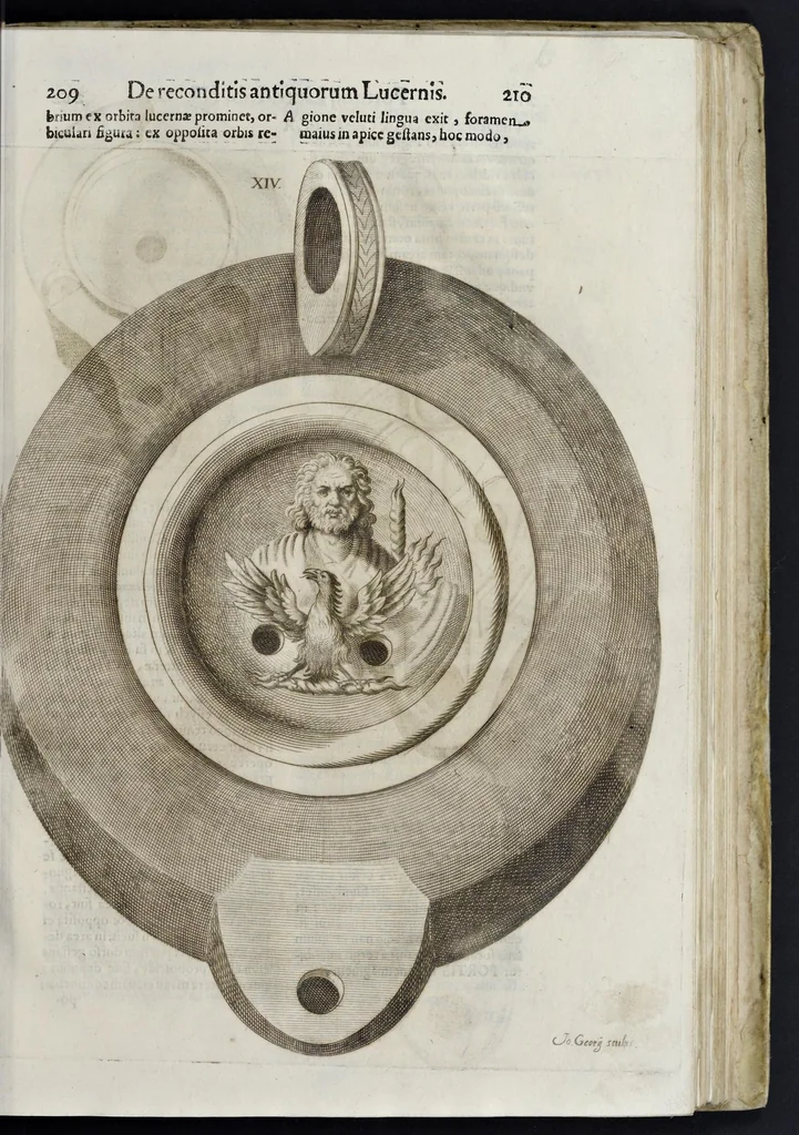 An illustration from De lucernis antiquorum reconditis libb. sex : in quibus earum recens inuentarum adhuc ardentium obseruationes multae primum afferuntur ... : explicatis diligenter abditissimis quaestionibus de ignium causis, origine, varietate, duratione, motu, & extinctu, de antiperistasi, fumo, cinere, lentore, mistis incombustibilibus, brutorum funeribus, & alijs naturae arcanis ..., 1652, leaf 124