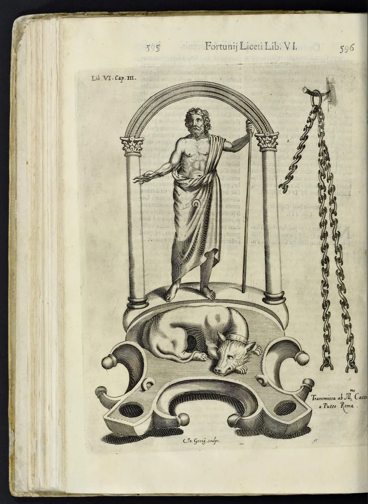 An illustration from De lucernis antiquorum reconditis libb. sex : in quibus earum recens inuentarum adhuc ardentium obseruationes multae primum afferuntur ... : explicatis diligenter abditissimis quaestionibus de ignium causis, origine, varietate, duratione, motu, & extinctu, de antiperistasi, fumo, cinere, lentore, mistis incombustibilibus, brutorum funeribus, & alijs naturae arcanis ..., 1652, leaf 317