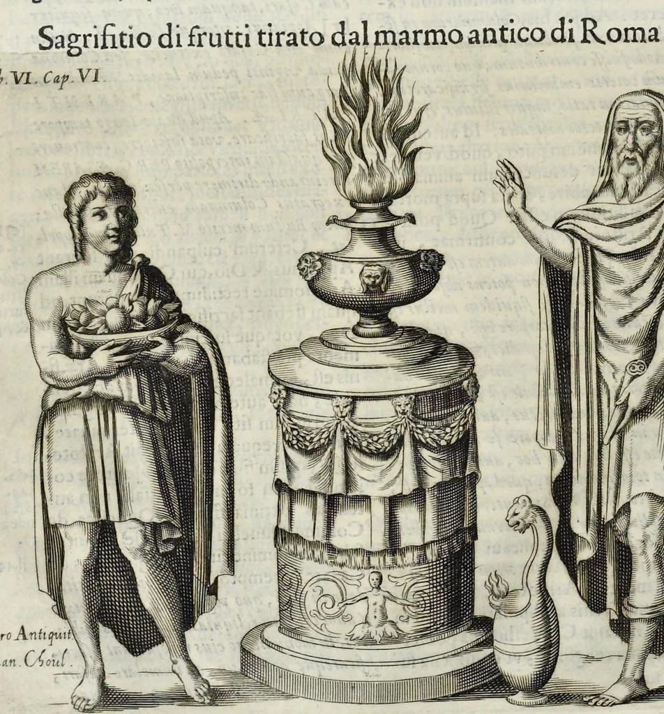 An illustration from De lucernis antiquorum reconditis libb. sex : in quibus earum recens inuentarum adhuc ardentium obseruationes multae primum afferuntur ... : explicatis diligenter abditissimis quaestionibus de ignium causis, origine, varietate, duratione, motu, & extinctu, de antiperistasi, fumo, cinere, lentore, mistis incombustibilibus, brutorum funeribus, & alijs naturae arcanis ..., 1652, leaf 325