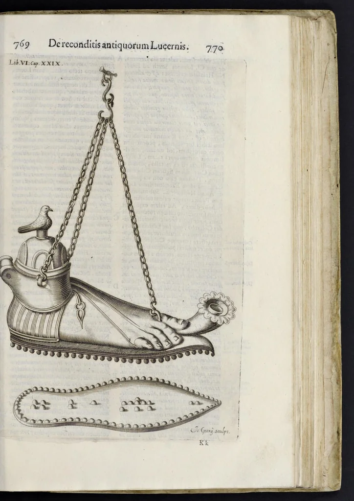 An illustration from De lucernis antiquorum reconditis libb. sex : in quibus earum recens inuentarum adhuc ardentium obseruationes multae primum afferuntur ... : explicatis diligenter abditissimis quaestionibus de ignium causis, origine, varietate, duratione, motu, & extinctu, de antiperistasi, fumo, cinere, lentore, mistis incombustibilibus, brutorum funeribus, & alijs naturae arcanis ..., 1652, leaf 410