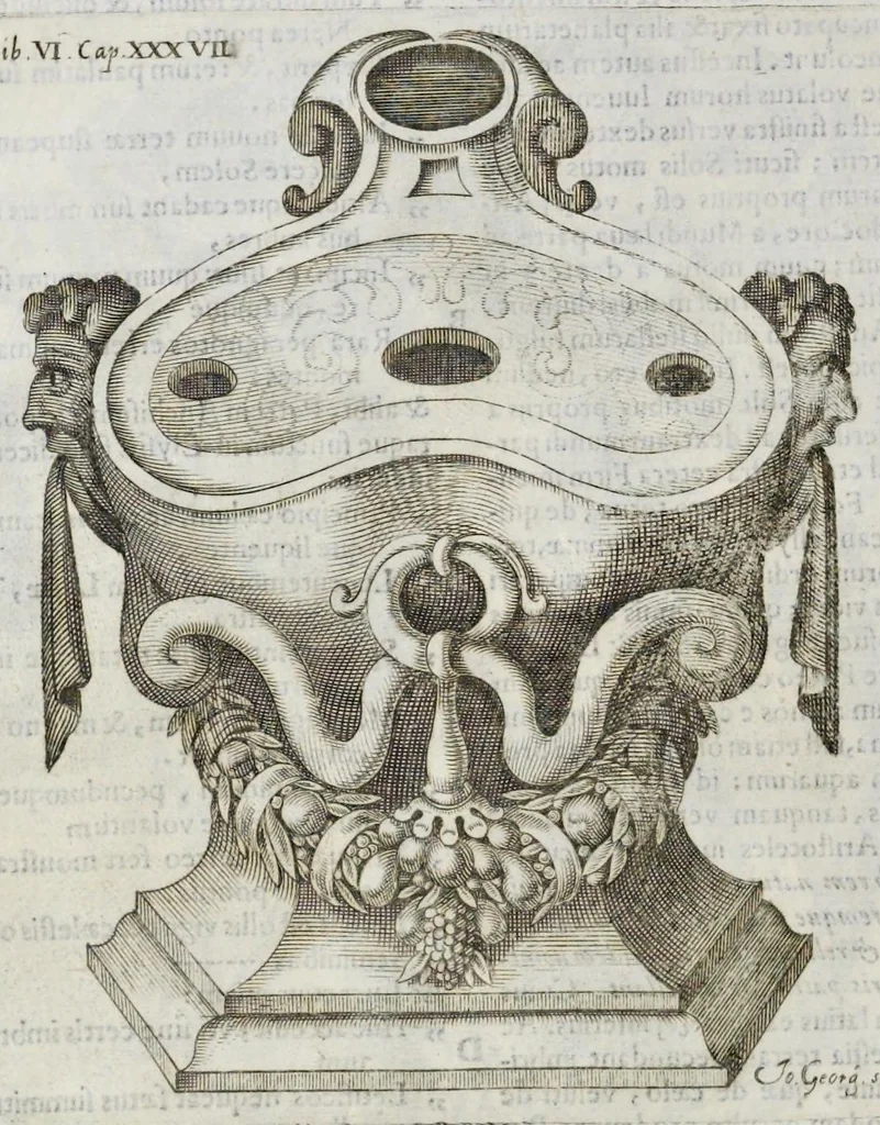 An illustration from De lucernis antiquorum reconditis libb. sex : in quibus earum recens inuentarum adhuc ardentium obseruationes multae primum afferuntur ... : explicatis diligenter abditissimis quaestionibus de ignium causis, origine, varietate, duratione, motu, & extinctu, de antiperistasi, fumo, cinere, lentore, mistis incombustibilibus, brutorum funeribus, & alijs naturae arcanis ..., 1652, leaf 435