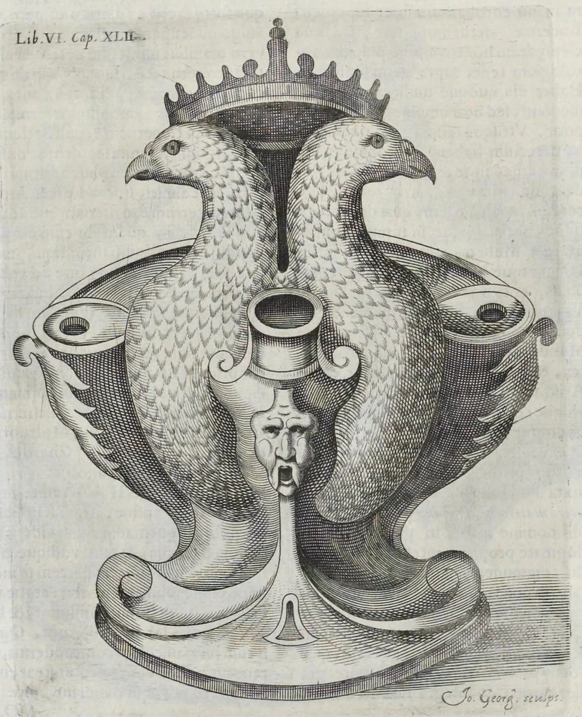 An illustration from De lucernis antiquorum reconditis libb. sex : in quibus earum recens inuentarum adhuc ardentium obseruationes multae primum afferuntur ... : explicatis diligenter abditissimis quaestionibus de ignium causis, origine, varietate, duratione, motu, & extinctu, de antiperistasi, fumo, cinere, lentore, mistis incombustibilibus, brutorum funeribus, & alijs naturae arcanis ..., 1652, leaf 441