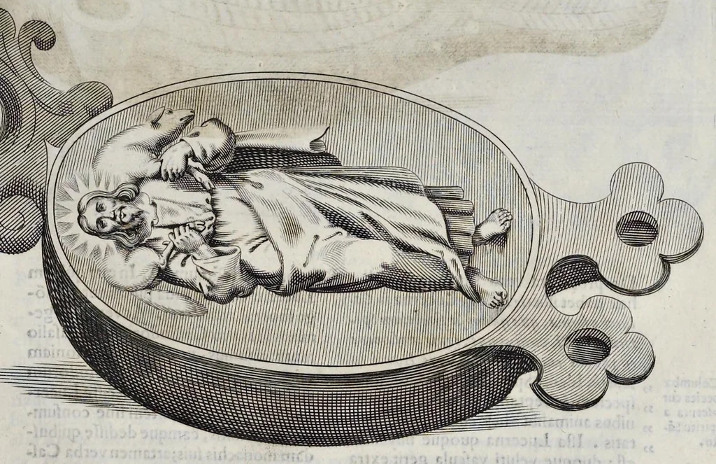 An illustration from De lucernis antiquorum reconditis libb. sex : in quibus earum recens inuentarum adhuc ardentium obseruationes multae primum afferuntur ... : explicatis diligenter abditissimis quaestionibus de ignium causis, origine, varietate, duratione, motu, & extinctu, de antiperistasi, fumo, cinere, lentore, mistis incombustibilibus, brutorum funeribus, & alijs naturae arcanis ..., 1652, leaf 460