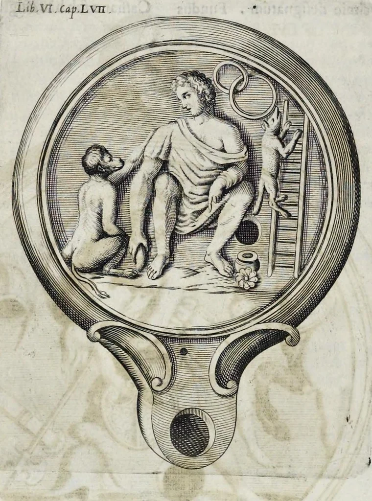 An illustration from De lucernis antiquorum reconditis libb. sex : in quibus earum recens inuentarum adhuc ardentium obseruationes multae primum afferuntur ... : explicatis diligenter abditissimis quaestionibus de ignium causis, origine, varietate, duratione, motu, & extinctu, de antiperistasi, fumo, cinere, lentore, mistis incombustibilibus, brutorum funeribus, & alijs naturae arcanis ..., 1652, leaf 469