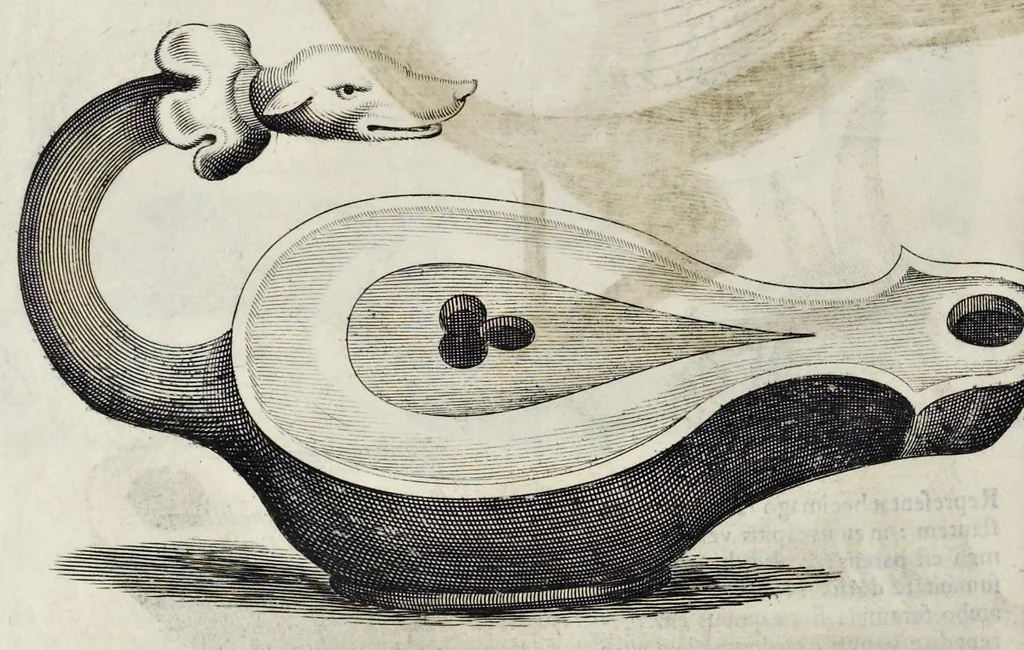 An illustration from De lucernis antiquorum reconditis libb. sex : in quibus earum recens inuentarum adhuc ardentium obseruationes multae primum afferuntur ... : explicatis diligenter abditissimis quaestionibus de ignium causis, origine, varietate, duratione, motu, & extinctu, de antiperistasi, fumo, cinere, lentore, mistis incombustibilibus, brutorum funeribus, & alijs naturae arcanis ..., 1652, leaf 477