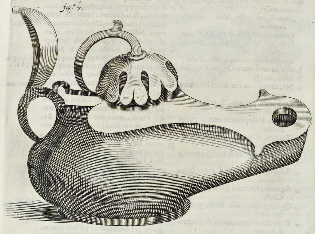 An illustration from De lucernis antiquorum reconditis libb. sex : in quibus earum recens inuentarum adhuc ardentium obseruationes multae primum afferuntur ... : explicatis diligenter abditissimis quaestionibus de ignium causis, origine, varietate, duratione, motu, & extinctu, de antiperistasi, fumo, cinere, lentore, mistis incombustibilibus, brutorum funeribus, & alijs naturae arcanis ..., 1652, leaf 485