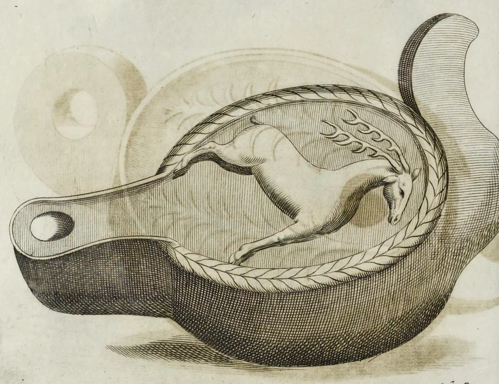 An illustration from De lucernis antiquorum reconditis libb. sex : in quibus earum recens inuentarum adhuc ardentium obseruationes multae primum afferuntur ... : explicatis diligenter abditissimis quaestionibus de ignium causis, origine, varietate, duratione, motu, & extinctu, de antiperistasi, fumo, cinere, lentore, mistis incombustibilibus, brutorum funeribus, & alijs naturae arcanis ..., 1652, leaf 489