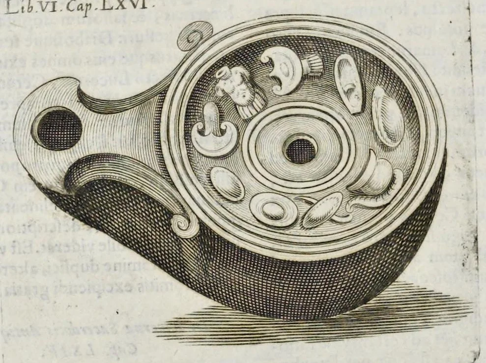 An illustration from De lucernis antiquorum reconditis libb. sex : in quibus earum recens inuentarum adhuc ardentium obseruationes multae primum afferuntur ... : explicatis diligenter abditissimis quaestionibus de ignium causis, origine, varietate, duratione, motu, & extinctu, de antiperistasi, fumo, cinere, lentore, mistis incombustibilibus, brutorum funeribus, & alijs naturae arcanis ..., 1652, leaf 491