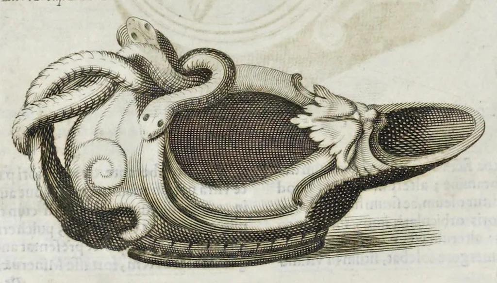 An illustration from De lucernis antiquorum reconditis libb. sex : in quibus earum recens inuentarum adhuc ardentium obseruationes multae primum afferuntur ... : explicatis diligenter abditissimis quaestionibus de ignium causis, origine, varietate, duratione, motu, & extinctu, de antiperistasi, fumo, cinere, lentore, mistis incombustibilibus, brutorum funeribus, & alijs naturae arcanis ..., 1652, leaf 491