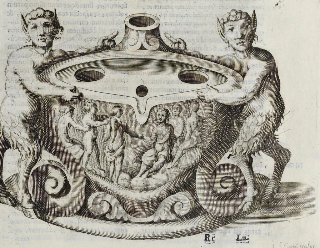 An illustration from De lucernis antiquorum reconditis libb. sex : in quibus earum recens inuentarum adhuc ardentium obseruationes multae primum afferuntur ... : explicatis diligenter abditissimis quaestionibus de ignium causis, origine, varietate, duratione, motu, & extinctu, de antiperistasi, fumo, cinere, lentore, mistis incombustibilibus, brutorum funeribus, & alijs naturae arcanis ..., 1652, leaf 494