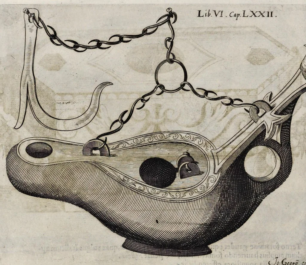 An illustration from De lucernis antiquorum reconditis libb. sex : in quibus earum recens inuentarum adhuc ardentium obseruationes multae primum afferuntur ... : explicatis diligenter abditissimis quaestionibus de ignium causis, origine, varietate, duratione, motu, & extinctu, de antiperistasi, fumo, cinere, lentore, mistis incombustibilibus, brutorum funeribus, & alijs naturae arcanis ..., 1652, leaf 501