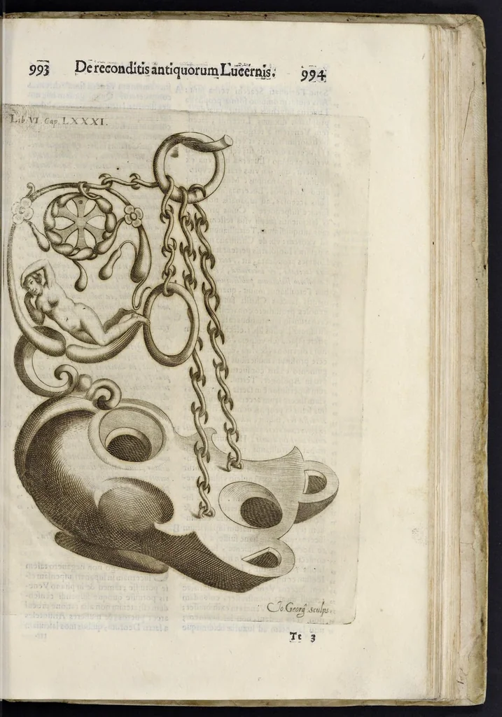 An illustration from De lucernis antiquorum reconditis libb. sex : in quibus earum recens inuentarum adhuc ardentium obseruationes multae primum afferuntur ... : explicatis diligenter abditissimis quaestionibus de ignium causis, origine, varietate, duratione, motu, & extinctu, de antiperistasi, fumo, cinere, lentore, mistis incombustibilibus, brutorum funeribus, & alijs naturae arcanis ..., 1652, leaf 522