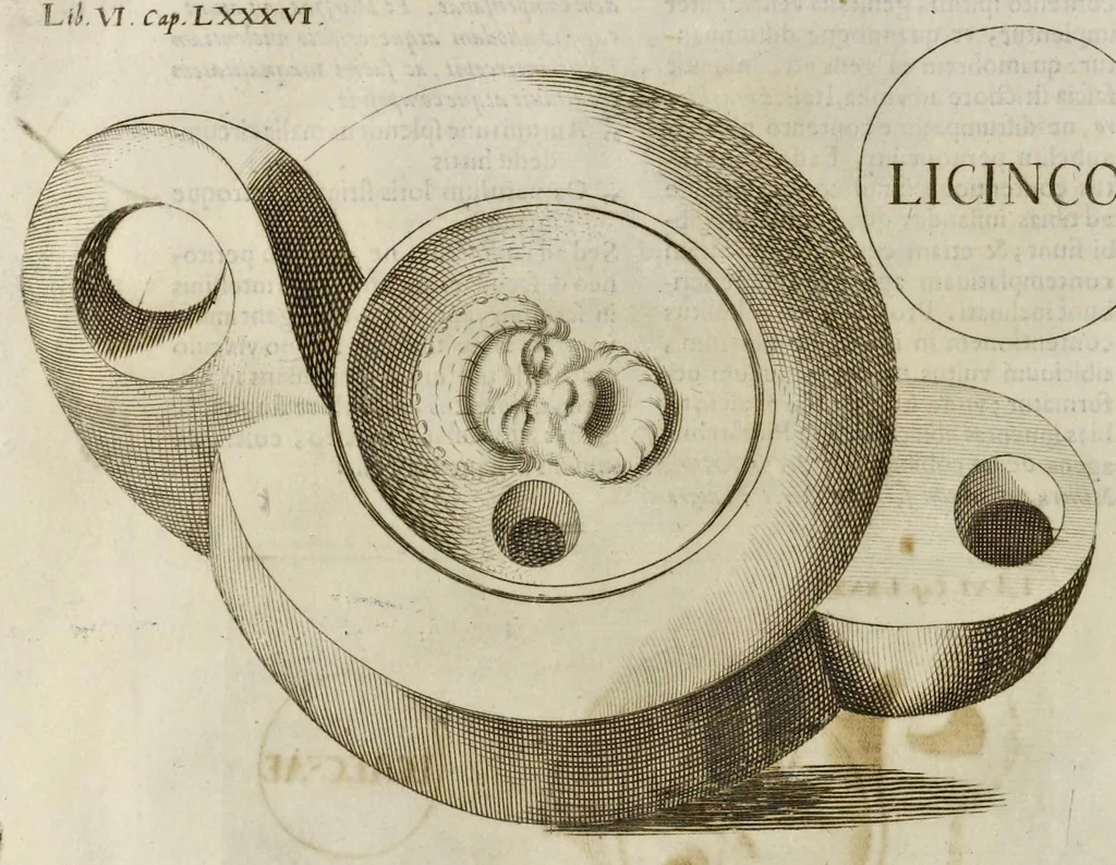 An illustration from De lucernis antiquorum reconditis libb. sex : in quibus earum recens inuentarum adhuc ardentium obseruationes multae primum afferuntur ... : explicatis diligenter abditissimis quaestionibus de ignium causis, origine, varietate, duratione, motu, & extinctu, de antiperistasi, fumo, cinere, lentore, mistis incombustibilibus, brutorum funeribus, & alijs naturae arcanis ..., 1652, leaf 539