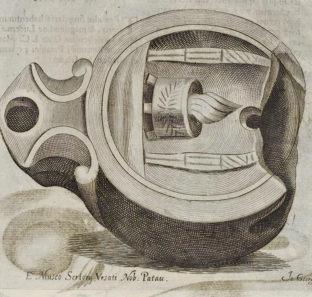 An illustration from De lucernis antiquorum reconditis libb. sex : in quibus earum recens inuentarum adhuc ardentium obseruationes multae primum afferuntur ... : explicatis diligenter abditissimis quaestionibus de ignium causis, origine, varietate, duratione, motu, & extinctu, de antiperistasi, fumo, cinere, lentore, mistis incombustibilibus, brutorum funeribus, & alijs naturae arcanis ..., 1652, leaf 592