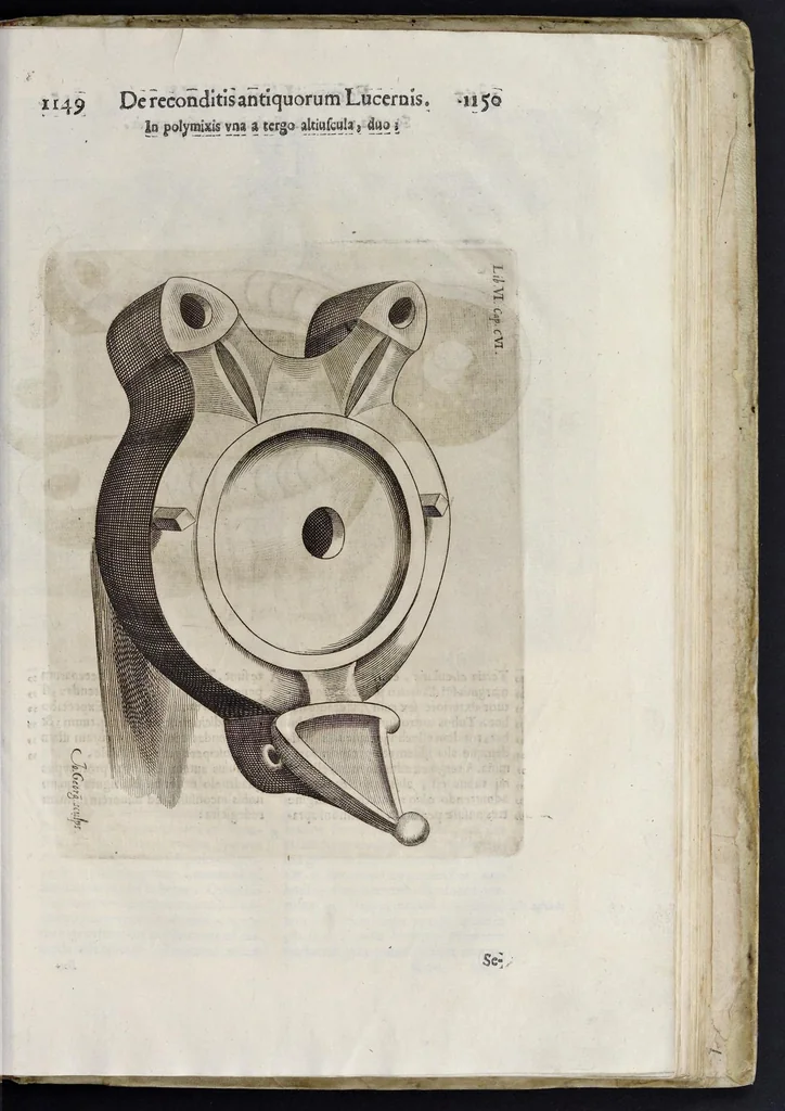 An illustration from De lucernis antiquorum reconditis libb. sex : in quibus earum recens inuentarum adhuc ardentium obseruationes multae primum afferuntur ... : explicatis diligenter abditissimis quaestionibus de ignium causis, origine, varietate, duratione, motu, & extinctu, de antiperistasi, fumo, cinere, lentore, mistis incombustibilibus, brutorum funeribus, & alijs naturae arcanis ..., 1652, leaf 600