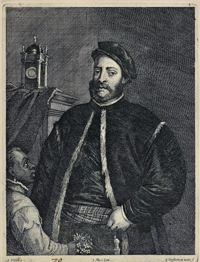An illustration from Davidis Teniers Antuerpiensis, pictoris, et a cubiculis ser.mis principibus Leopoldo Guil. archiduci et Ioanni Austriaco, Theatrum pictorium : in quo exhibentur ipsius manu delineatae, eiusque curâ in aes incisae picturae archetipae italicae, quas ipse ser.mus archidux in pinacothecam suam Bruxellis collegit, 1660, leaf 166
