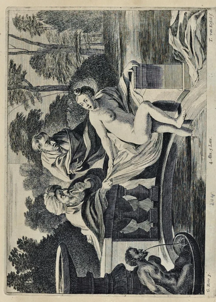 An illustration from Davidis Teniers Antuerpiensis, pictoris, et a cubiculis ser.mis principibus Leopoldo Guil. archiduci et Ioanni Austriaco, Theatrum pictorium : in quo exhibentur ipsius manu delineatae, eiusque curâ in aes incisae picturae archetipae italicae, quas ipse ser.mus archidux in pinacothecam suam Bruxellis collegit, 1660, leaf 406