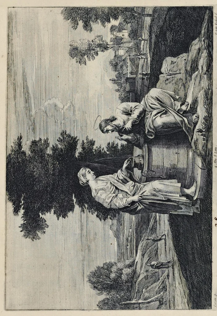 An illustration from Davidis Teniers Antuerpiensis, pictoris, et a cubiculis ser.mis principibus Leopoldo Guil. archiduci et Ioanni Austriaco, Theatrum pictorium : in quo exhibentur ipsius manu delineatae, eiusque curâ in aes incisae picturae archetipae italicae, quas ipse ser.mus archidux in pinacothecam suam Bruxellis collegit, 1660, leaf 86