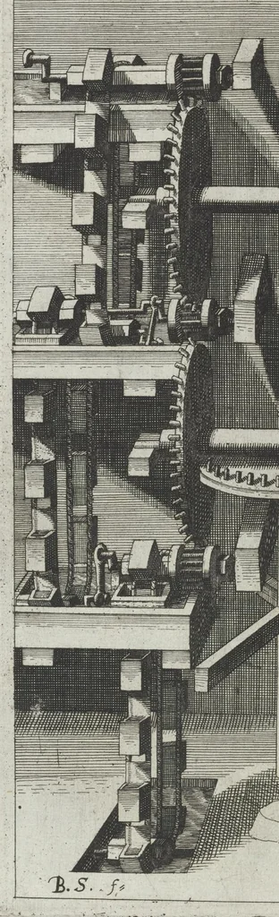 An illustration from La premiere[-seconde] partie des desseins artificiaulx de toutes sortes des moulins : a vent, a l'eau, a cheual & a la main : auec diuerses sortes des pompes & aultres inuentions ..., 1617, leaf 125
