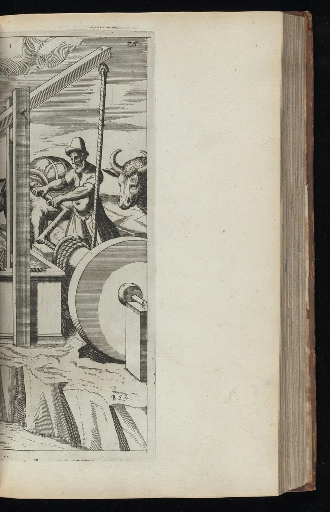 An illustration from La premiere[-seconde] partie des desseins artificiaulx de toutes sortes des moulins : a vent, a l'eau, a cheual & a la main : auec diuerses sortes des pompes & aultres inuentions ..., 1617, leaf 130