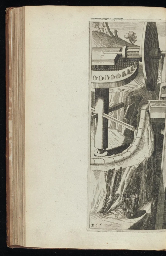 An illustration from La premiere[-seconde] partie des desseins artificiaulx de toutes sortes des moulins : a vent, a l'eau, a cheual & a la main : auec diuerses sortes des pompes & aultres inuentions ..., 1617, leaf 153