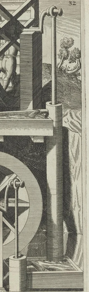 An illustration from La premiere[-seconde] partie des desseins artificiaulx de toutes sortes des moulins : a vent, a l'eau, a cheual & a la main : auec diuerses sortes des pompes & aultres inuentions ..., 1617, leaf 158