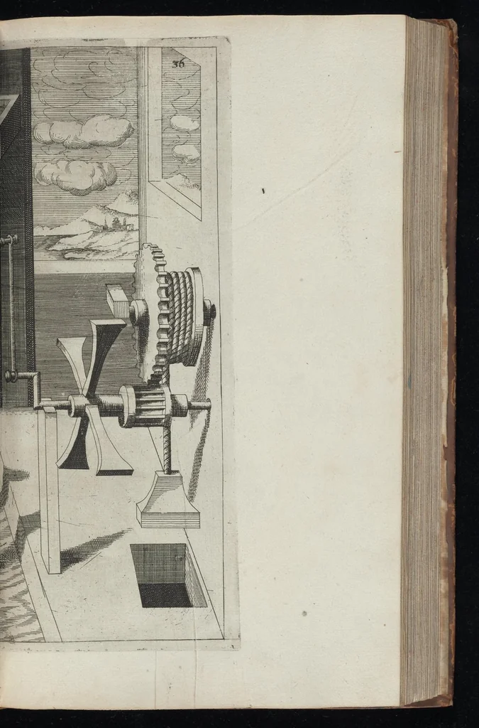 An illustration from La premiere[-seconde] partie des desseins artificiaulx de toutes sortes des moulins : a vent, a l'eau, a cheual & a la main : auec diuerses sortes des pompes & aultres inuentions ..., 1617, leaf 174