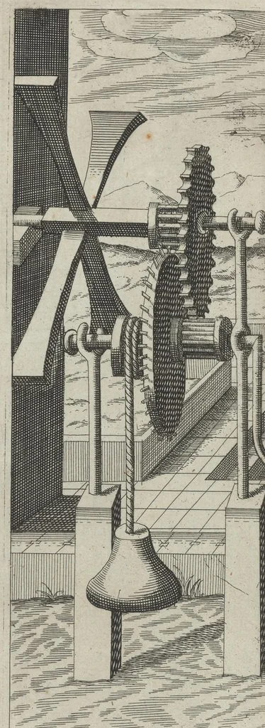 An illustration from La premiere[-seconde] partie des desseins artificiaulx de toutes sortes des moulins : a vent, a l'eau, a cheual & a la main : auec diuerses sortes des pompes & aultres inuentions ..., 1617, leaf 205