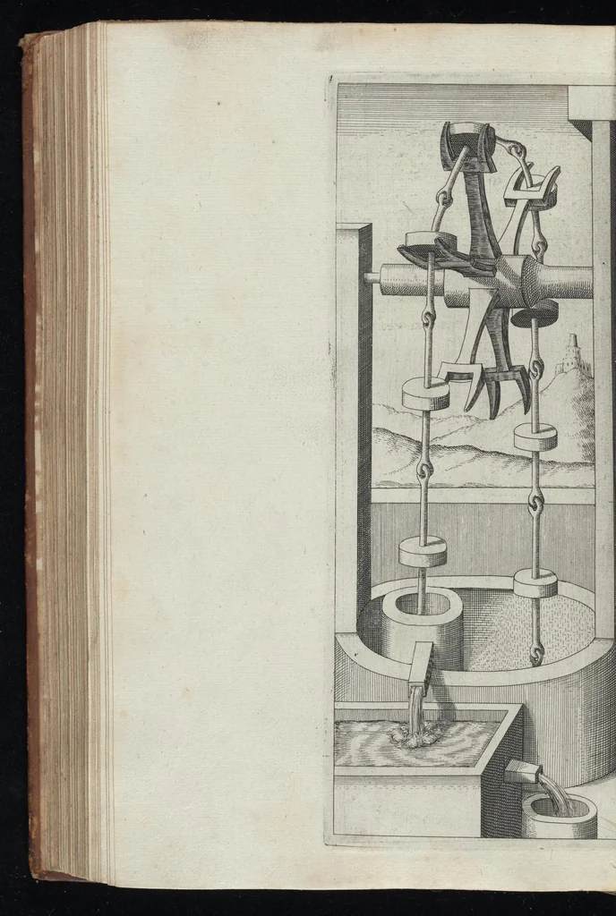 An illustration from La premiere[-seconde] partie des desseins artificiaulx de toutes sortes des moulins : a vent, a l'eau, a cheual & a la main : auec diuerses sortes des pompes & aultres inuentions ..., 1617, leaf 273