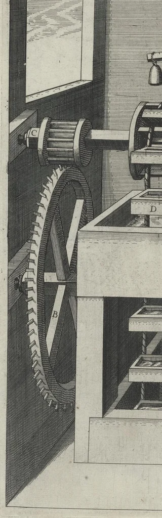 An illustration from La premiere[-seconde] partie des desseins artificiaulx de toutes sortes des moulins : a vent, a l'eau, a cheual & a la main : auec diuerses sortes des pompes & aultres inuentions ..., 1617, leaf 289