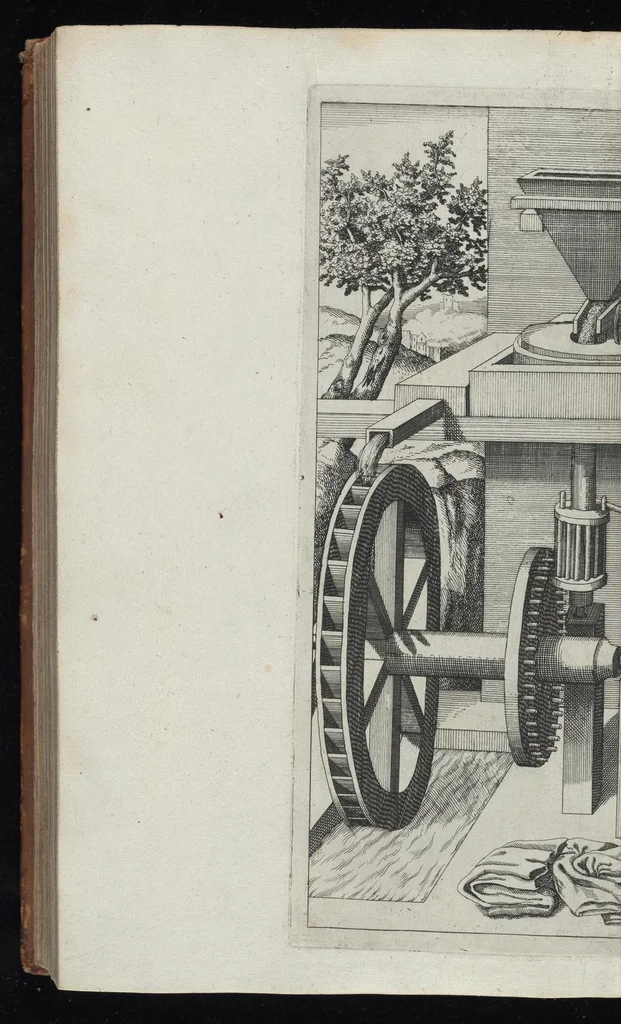 An illustration from La premiere[-seconde] partie des desseins artificiaulx de toutes sortes des moulins : a vent, a l'eau, a cheual & a la main : auec diuerses sortes des pompes & aultres inuentions ..., 1617, leaf 377