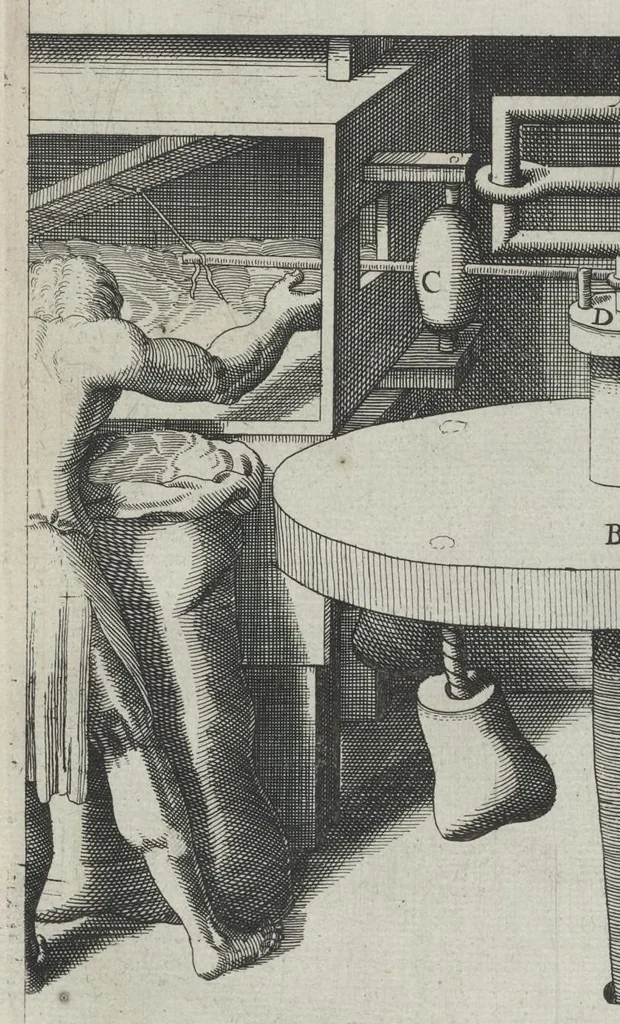 An illustration from La premiere[-seconde] partie des desseins artificiaulx de toutes sortes des moulins : a vent, a l'eau, a cheual & a la main : auec diuerses sortes des pompes & aultres inuentions ..., 1617, leaf 393