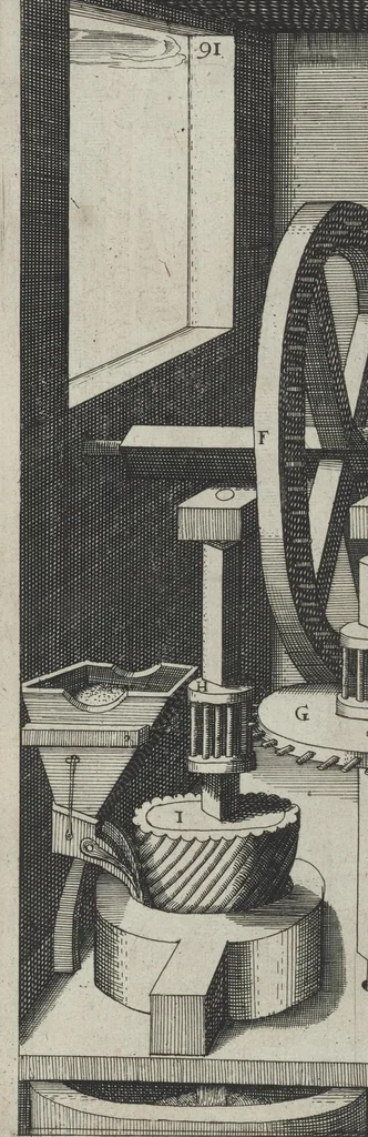 An illustration from La premiere[-seconde] partie des desseins artificiaulx de toutes sortes des moulins : a vent, a l'eau, a cheual & a la main : auec diuerses sortes des pompes & aultres inuentions ..., 1617, leaf 413