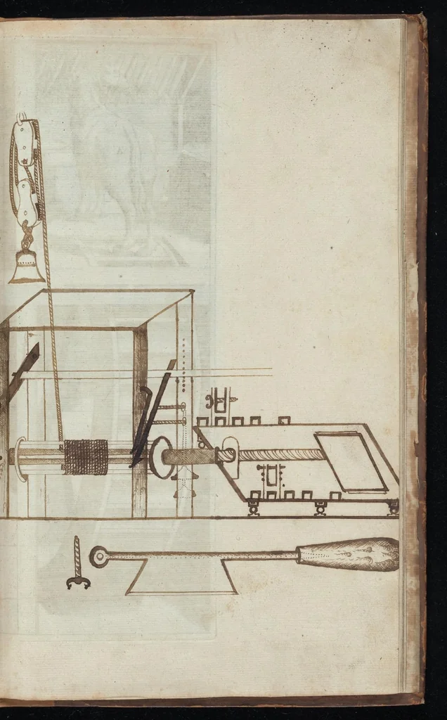 An illustration from La premiere[-seconde] partie des desseins artificiaulx de toutes sortes des moulins : a vent, a l'eau, a cheual & a la main : auec diuerses sortes des pompes & aultres inuentions ..., 1617, leaf 424