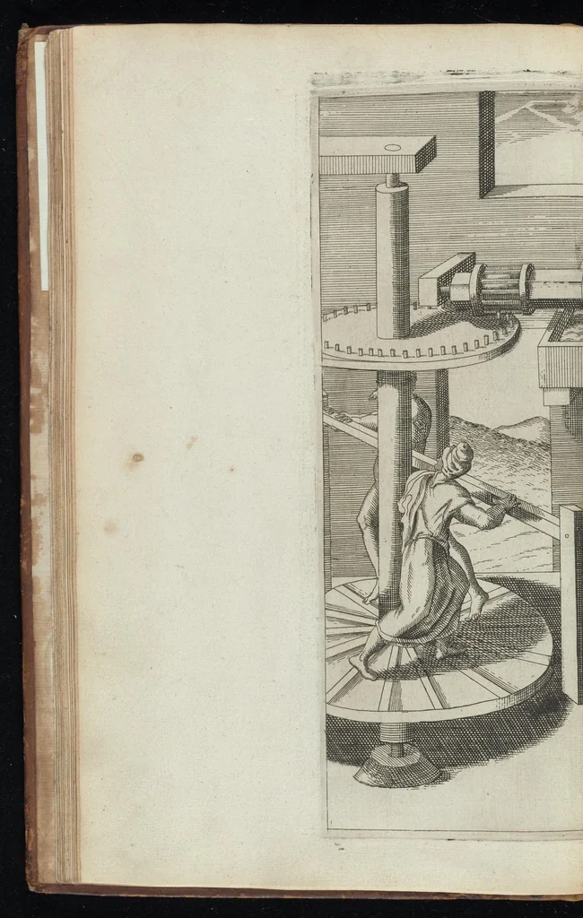 An illustration from La premiere[-seconde] partie des desseins artificiaulx de toutes sortes des moulins : a vent, a l'eau, a cheual & a la main : auec diuerses sortes des pompes & aultres inuentions ..., 1617, leaf 57