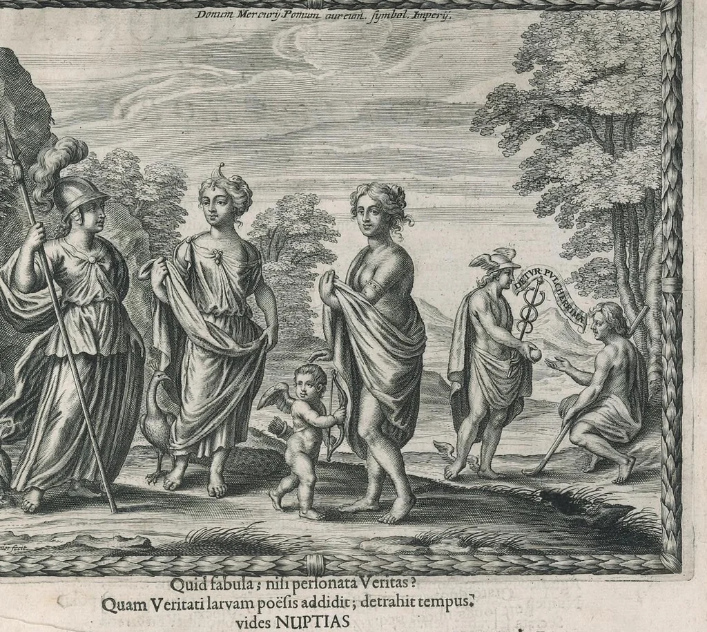 An illustration from Nuptiae Pelei et Thetidos renovatae, hoc est, Auspicatissimum Leopoldi I Romanor. imperat. semp. aug. ... et serenissimae Eleonorae Magdalenae Theresiae ... connubium : symbolicis deorum muneribus honoratum â tribus Societ. Iesu collegijs, Dusseldorpiensi, Marcodurano, et Monasteriensi Eiffliae, itemq[ue] Residentiâ Iuliacensi et 3 mission., anno quo LeopoLDVs seCVnDIS aVspICIIs et praeLIIs reCepIt a gaLLIs phILIppopoLIn, 1676, leaf 10