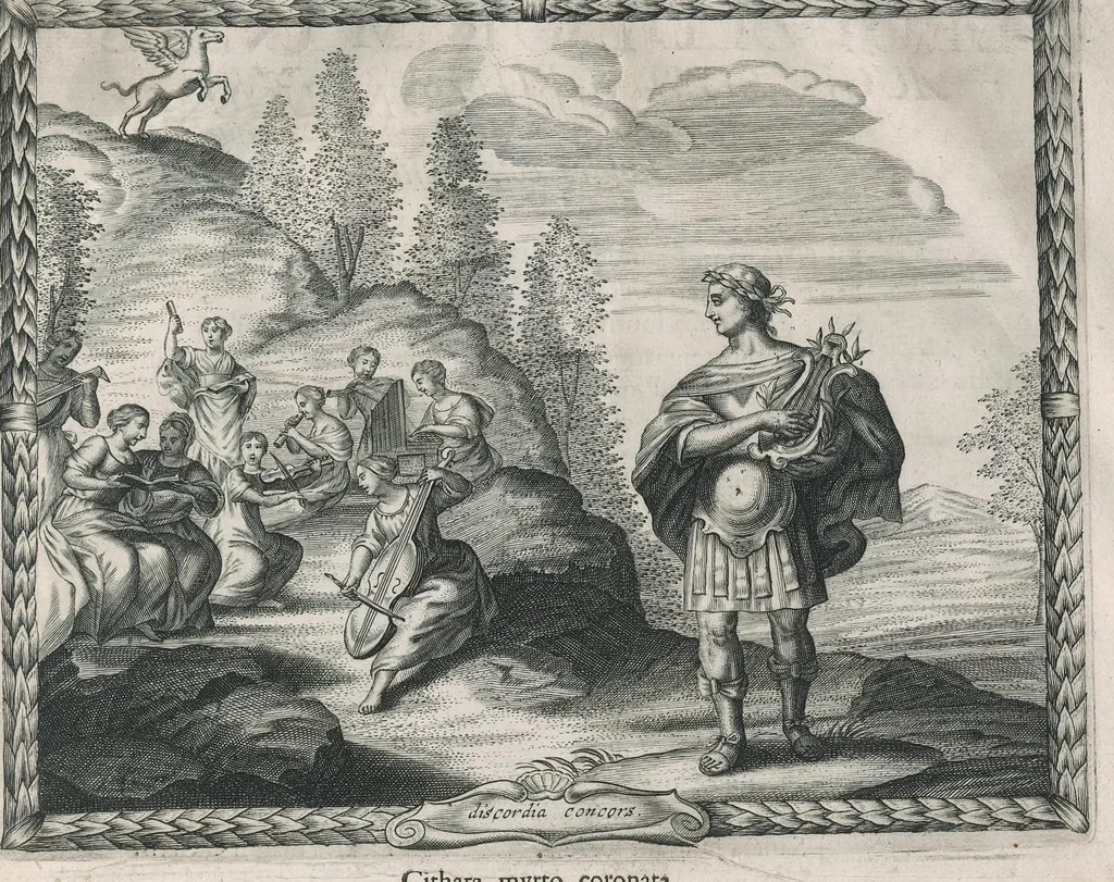 An illustration from Nuptiae Pelei et Thetidos renovatae, hoc est, Auspicatissimum Leopoldi I Romanor. imperat. semp. aug. ... et serenissimae Eleonorae Magdalenae Theresiae ... connubium : symbolicis deorum muneribus honoratum â tribus Societ. Iesu collegijs, Dusseldorpiensi, Marcodurano, et Monasteriensi Eiffliae, itemq[ue] Residentiâ Iuliacensi et 3 mission., anno quo LeopoLDVs seCVnDIS aVspICIIs et praeLIIs reCepIt a gaLLIs phILIppopoLIn, 1676, leaf 14