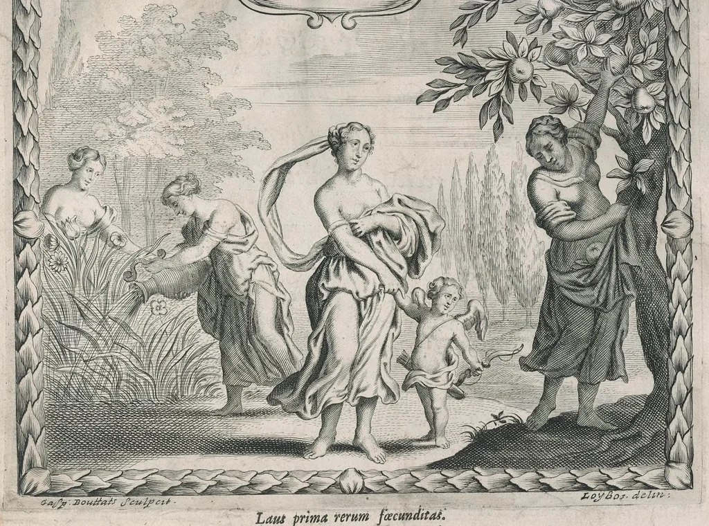An illustration from Nuptiae Pelei et Thetidos renovatae, hoc est, Auspicatissimum Leopoldi I Romanor. imperat. semp. aug. ... et serenissimae Eleonorae Magdalenae Theresiae ... connubium : symbolicis deorum muneribus honoratum â tribus Societ. Iesu collegijs, Dusseldorpiensi, Marcodurano, et Monasteriensi Eiffliae, itemq[ue] Residentiâ Iuliacensi et 3 mission., anno quo LeopoLDVs seCVnDIS aVspICIIs et praeLIIs reCepIt a gaLLIs phILIppopoLIn, 1676, leaf 16
