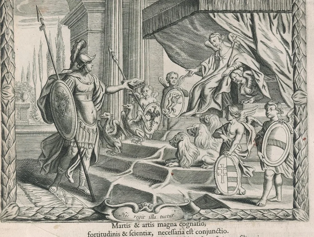 An illustration from Nuptiae Pelei et Thetidos renovatae, hoc est, Auspicatissimum Leopoldi I Romanor. imperat. semp. aug. ... et serenissimae Eleonorae Magdalenae Theresiae ... connubium : symbolicis deorum muneribus honoratum â tribus Societ. Iesu collegijs, Dusseldorpiensi, Marcodurano, et Monasteriensi Eiffliae, itemq[ue] Residentiâ Iuliacensi et 3 mission., anno quo LeopoLDVs seCVnDIS aVspICIIs et praeLIIs reCepIt a gaLLIs phILIppopoLIn, 1676, leaf 24