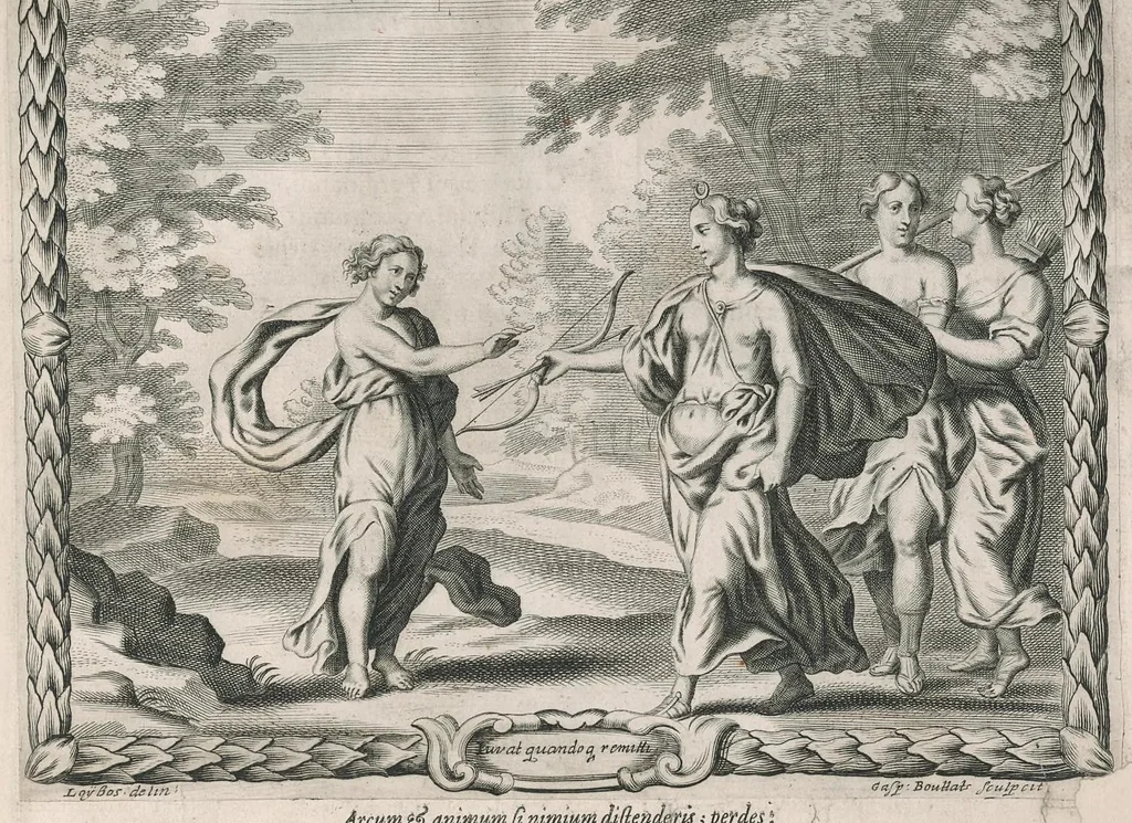 An illustration from Nuptiae Pelei et Thetidos renovatae, hoc est, Auspicatissimum Leopoldi I Romanor. imperat. semp. aug. ... et serenissimae Eleonorae Magdalenae Theresiae ... connubium : symbolicis deorum muneribus honoratum â tribus Societ. Iesu collegijs, Dusseldorpiensi, Marcodurano, et Monasteriensi Eiffliae, itemq[ue] Residentiâ Iuliacensi et 3 mission., anno quo LeopoLDVs seCVnDIS aVspICIIs et praeLIIs reCepIt a gaLLIs phILIppopoLIn, 1676, leaf 30