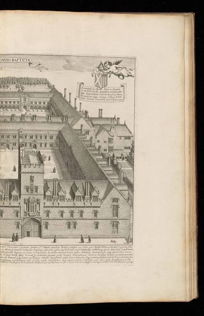 An illustration from Oxonia illustrata, sive, Omnium celeberrimae istius universitatis collegiorum, aularum, bibliothecae Bodleianae, scholarum publicarum, theatri Sheldoniani : nec non urbis totius scenographia, 1675, leaf 128