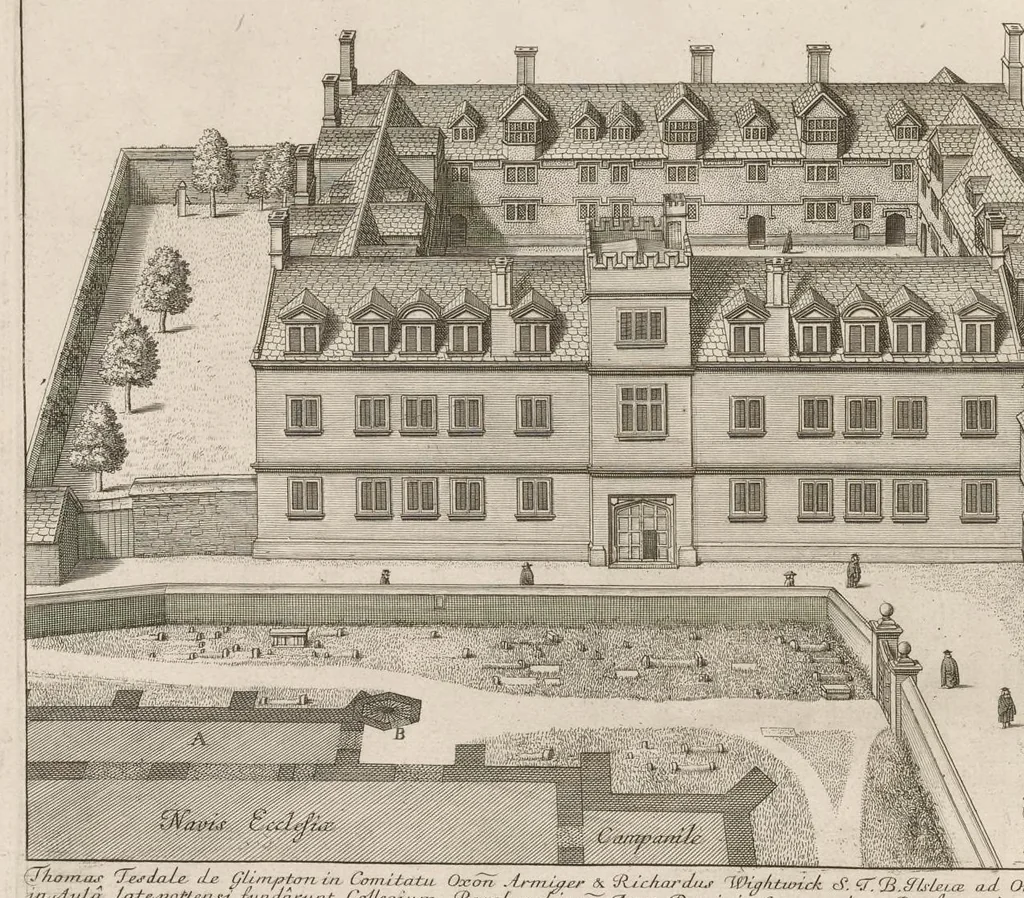 An illustration from Oxonia illustrata, sive, Omnium celeberrimae istius universitatis collegiorum, aularum, bibliothecae Bodleianae, scholarum publicarum, theatri Sheldoniani : nec non urbis totius scenographia, 1675, leaf 143