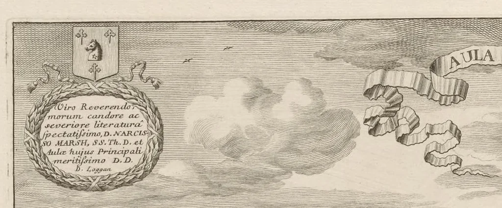 An illustration from Oxonia illustrata, sive, Omnium celeberrimae istius universitatis collegiorum, aularum, bibliothecae Bodleianae, scholarum publicarum, theatri Sheldoniani : nec non urbis totius scenographia, 1675, leaf 147