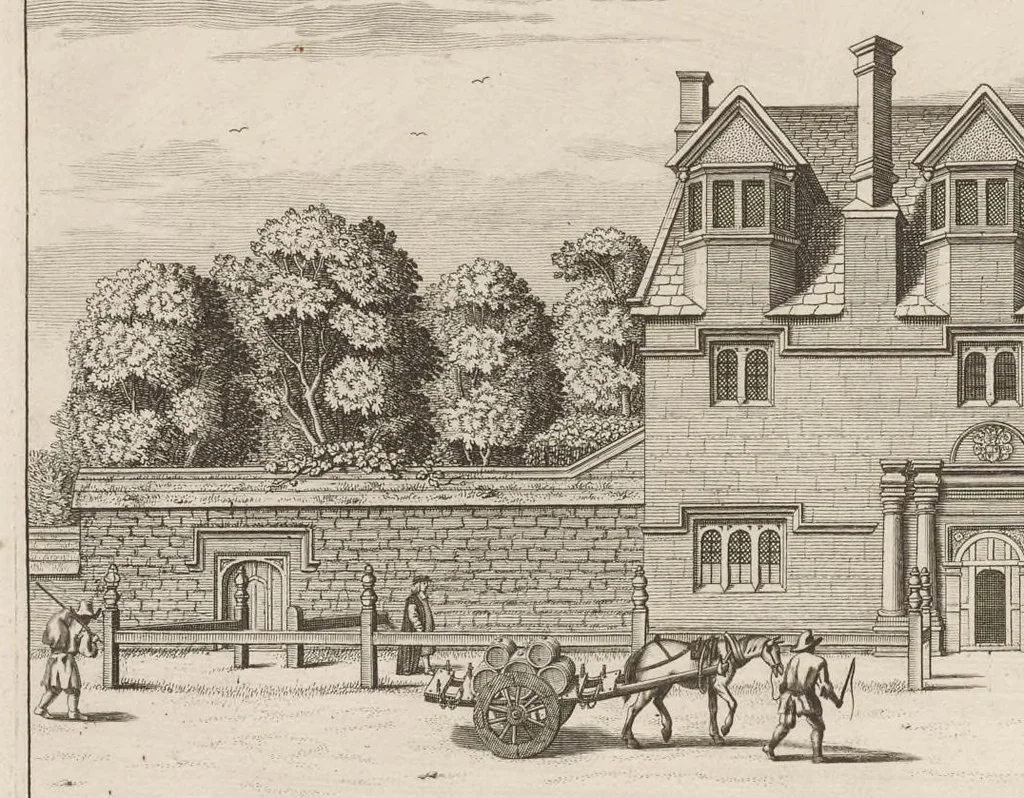 An illustration from Oxonia illustrata, sive, Omnium celeberrimae istius universitatis collegiorum, aularum, bibliothecae Bodleianae, scholarum publicarum, theatri Sheldoniani : nec non urbis totius scenographia, 1675, leaf 147