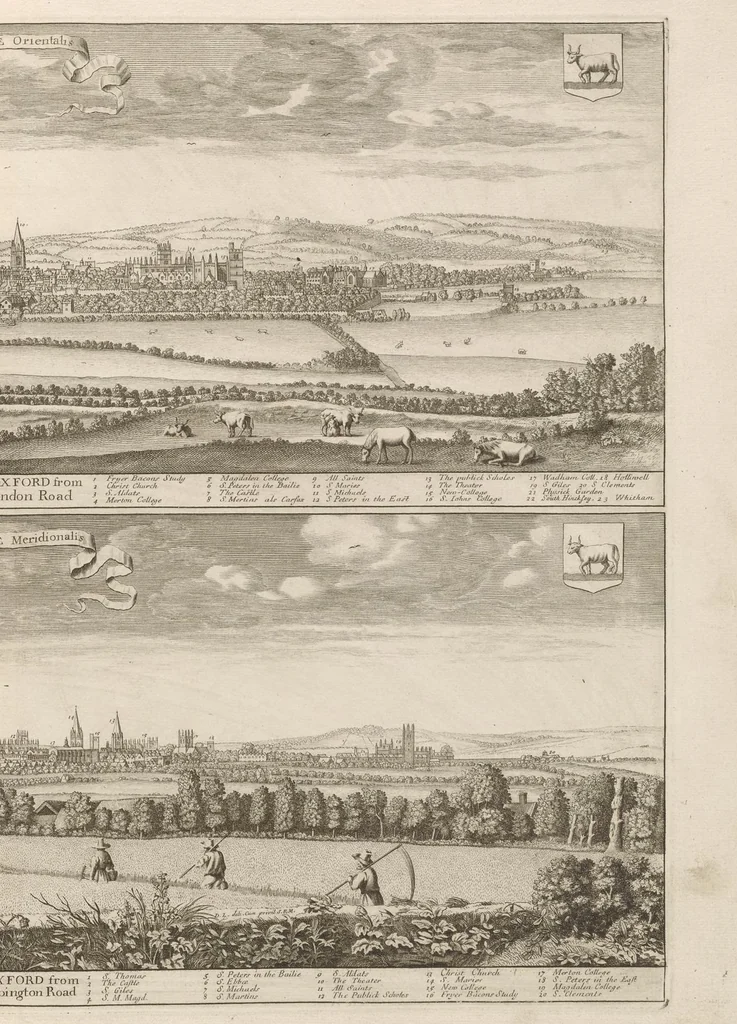 An illustration from Oxonia illustrata, sive, Omnium celeberrimae istius universitatis collegiorum, aularum, bibliothecae Bodleianae, scholarum publicarum, theatri Sheldoniani : nec non urbis totius scenographia, 1675, leaf 16