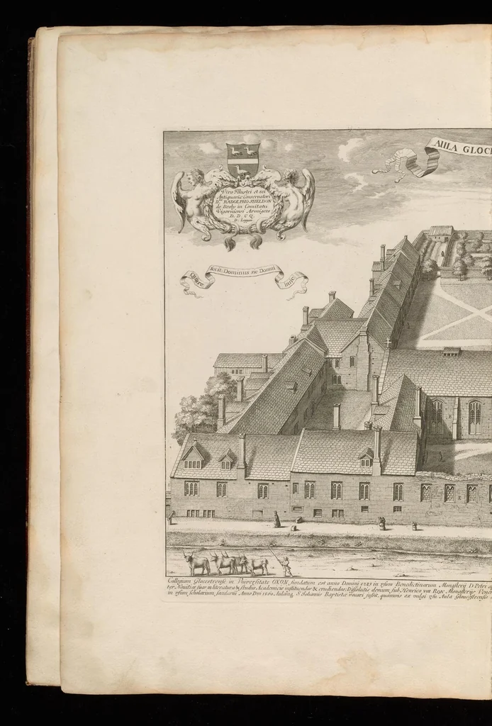 An illustration from Oxonia illustrata, sive, Omnium celeberrimae istius universitatis collegiorum, aularum, bibliothecae Bodleianae, scholarum publicarum, theatri Sheldoniani : nec non urbis totius scenographia, 1675, leaf 171