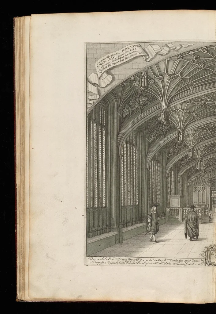 An illustration from Oxonia illustrata, sive, Omnium celeberrimae istius universitatis collegiorum, aularum, bibliothecae Bodleianae, scholarum publicarum, theatri Sheldoniani : nec non urbis totius scenographia, 1675, leaf 35