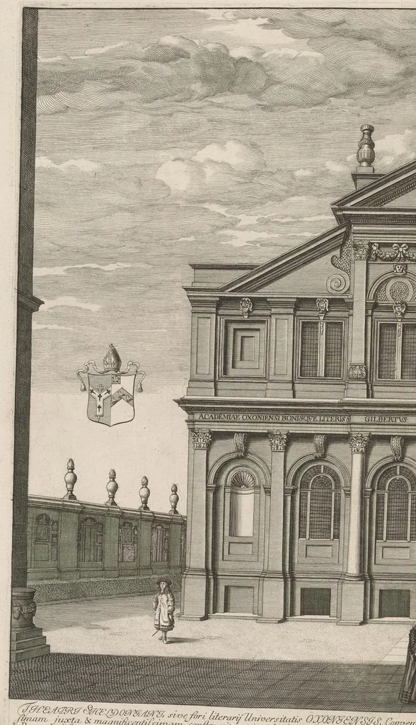 An illustration from Oxonia illustrata, sive, Omnium celeberrimae istius universitatis collegiorum, aularum, bibliothecae Bodleianae, scholarum publicarum, theatri Sheldoniani : nec non urbis totius scenographia, 1675, leaf 43