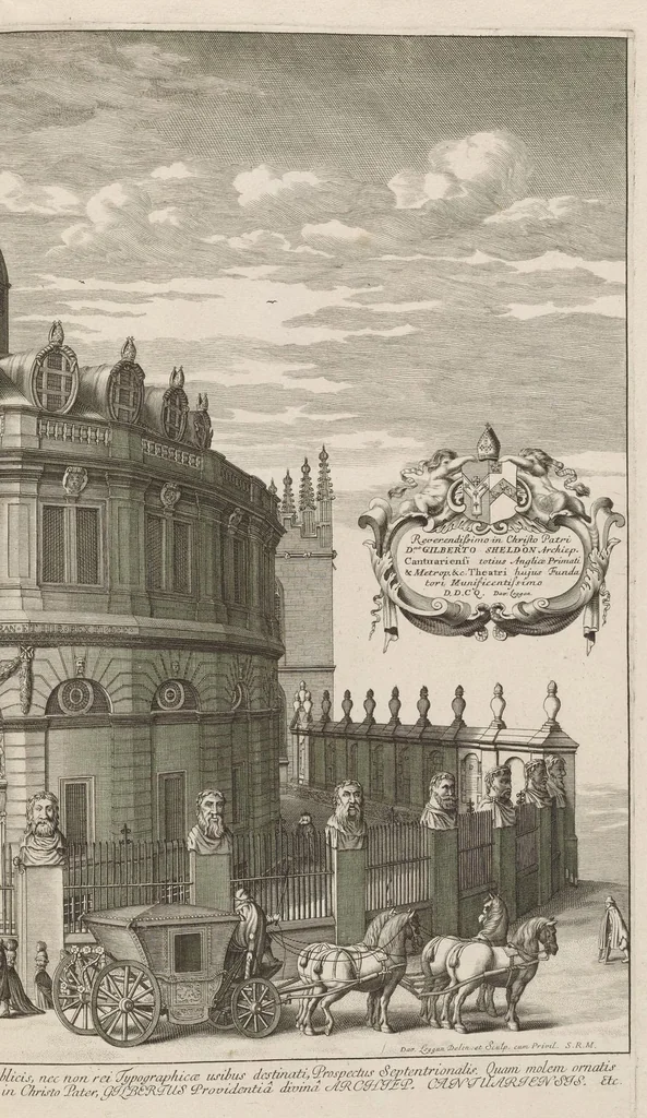 An illustration from Oxonia illustrata, sive, Omnium celeberrimae istius universitatis collegiorum, aularum, bibliothecae Bodleianae, scholarum publicarum, theatri Sheldoniani : nec non urbis totius scenographia, 1675, leaf 48